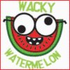 Green text 'WACKY' above a cartoon watermelon slice with large eyes and a toothy grin, 'WATERMELON' below in green text.
