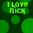 Green pixelated text "I LOVE NICK" appears on a dark green background with scattered green circles, repeated in four quadrants.