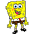 Pixelated yellow cartoon character with blue eyes, pink mouth, white shirt, red tie, brown shorts, and black shoes standing against a transparent background.