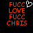 Red pixelated text on black background with white heart symbol; left side shows 'FUCC LOVE FUCC CHRIS' and right side shows 'FUCC LOVE FUCC CHRIS' without the heart.