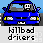 Pixel art of blue and green cars with driver icons, some showing red splatter effects on windshields, labeled 'killbad drivers' below each vehicle