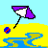 Pixelated beach scene with purple-and-white umbrellas, blue water, and yellow sand; four identical display 'Summer Oh Six' text over a heart symbol