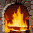 Animated fireplace with flickering orange and yellow flames inside a stone archway, displayed in a of