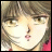 Pixelated anime-style character with brown hair and green eyes, wearing a red garment, next to stylized text on a black background.