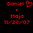 Red pixelated text on black background shows 'Daniel' with a heart symbol, 'Moja', and '11/20/07' with a plus sign between names.