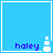 Blue square with white border containing purple text 'haley' and white pixelated icon in bottom-right corner.