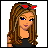Pixelated image of a woman with long brown hair and red bow, wearing black top against white background.