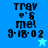 Pixelated blue background with black text reading "TRAV me! 9-18-02" and a small heart symbol, featuring two star icons in different shades of blue.