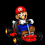 Pixel art characters in karts on black background, each character in multiple poses with distinct kart colors and character-specific details.