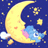 A pixelated crescent moon with a smiling face rests on a blue background dotted with yellow stars and white clouds.