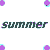 Pixelated text 'summer summer' in dark gray with cyan and purple accents, surrounded by scattered purple and cyan circular shapes on white background.