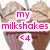 Pixelated image of two milkshake cups with text overlays reading 'my milkshakes' and '<4'.