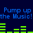 Blue text "Pump up Pump up the Music!the Music!" repeats twice on dark blue background with green audio equalizer bars.