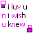Pixelated icon with pink and black text reading "i luv u ni wish u knew" on white background, featuring animated square elements.