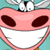 Pixelated cartoon face with pink skin, large dark brown eyes, and a wide white-toothed grin on a teal background.