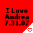 Red background with black text reading "I Love Andrea 7.31.07" and white triangular shapes containing red heart symbols.