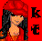 Pixelated character with long dark hair and red headwear against a solid red background, featuring black stylized text on the right.