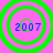 Four identical circular icons with green concentric rings on a pink background, each displaying blue '2007' text at center.
