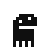 Black pixelated figure with two white square eyes and a horizontal mouth line on gray background.