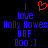 A static pixel art image with blue text and a red heart symbol on a black background.