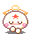 A 9-frame contact sheet of a pixel-art animated character with white body, orange accents, pink cheeks, and red star on forehead, showing various poses including walking, standing, and heart-emitting actions.