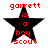 Four identical pixelated images of a black star with red text reading "garrett is a boy scout" arranged in a on white background