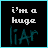 Four- with black backgrounds and cyan borders; each contains pixelated text reading "i'm a huge liar" except the bottom-right which reads "am i?"