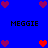 Blue background with pixelated hearts and repeated "MEGGIE" text in black block letters.