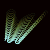 Animated abstract shape with layered curved lines transitioning through cyan, green, orange, and red hues against a black background.