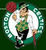 Pixelated basketball player in green jersey and black shorts holding a red ball, framed by white circle with green border on dark background.