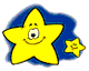 Yellow star-shaped character with smiling face and single eye, accompanied by smaller yellow star, against blue cloud-like background.