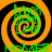 Four identical orange and black spiral patterns with green text overlays, arranged in a on a solid background