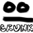 Two black circular shapes with white centers above a horizontal black bar and pixelated text below.