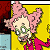 Pixelated cartoon character with pink hair and green eyes on yellow background next to green text reading "Original Icons .com" in pixel art style.