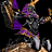Pixelated static image of a stylized character with purple accents and brown/orange limbs against black background, likely from Warcraft III game art.