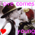 Animated sequence of a couple in vintage attire kissing, with repeated text and heart symbols.