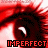 A pixelated close-up of a red-toned eye with a white sclera and black pupil, overlaid with the word 'IMPERFECT' in red block letters.