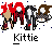 Animated contact sheet of a pixel art character named Kittie with multiple poses and color variations across 10 frames, displayed on gray background.