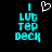 Two side-by-side pixelated cyan text stacks reading 'LOG TEP DECK' with a white heart symbol above the left stack on a black background.
