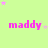 Light green background with pink text 'maddy' repeated in a , surrounded by small pink and light purple stars