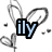 Six identical cartoon bunny head outlines with small black dots scattered around, each containing the text 'ily' in different solid colors.