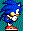Pixelated blue hedgehog with red shoes and white gloves in multiple poses against teal background.