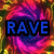 Three instances of the word RAVE in blue, red, and yellow text with black outlines over a swirling psychedelic background.
