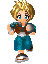 Pixel art character with blonde hair and blue eyes in blue shorts and shirt, holding two spherical objects, shown in four sequential poses against gray background.