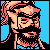 Pixelated static icon of a character with long hair and beard against blue background, rendered in retro 8-bit style with limited color palette.