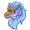 A blue dragon head with orange snout and green gem on forehead, shown in multiple expressions across a