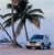 Pixelated static image shows two palm trees and a blue car on a beach with light blue sky background.