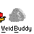 Pixelated yellow figure with red headgear holds red flag, positioned near gray rock with yellow spark effects, text below reads "WeidBuddy".