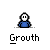 Pixelated blue figure with white head and black eyes, standing against gray background, with white circular shapes appearing and changing position above and to the right of the figure across frames.