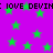 Purple background with scattered green stars and repeated black text reading 'IOVE DEVIN' in pixelated font.